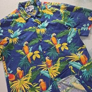 VTG RJC Men L Hawaiian Shirt Blue Single Stitch Parrot Tropical All Over USA AOP